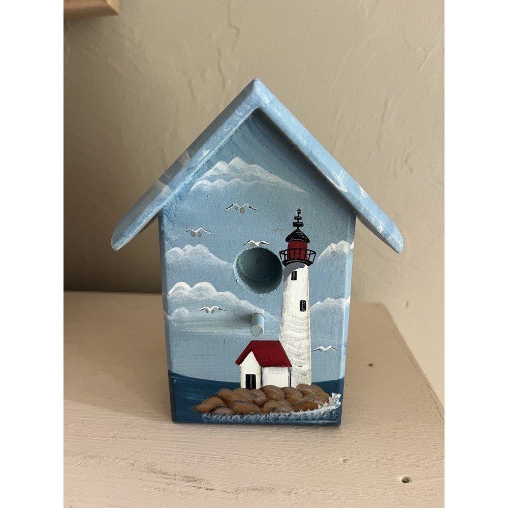 Lighthouse Painted Birdhouse Wood Figure Coastal Nautical Shelf Sitter Decor 5" - Picture 7 of 13